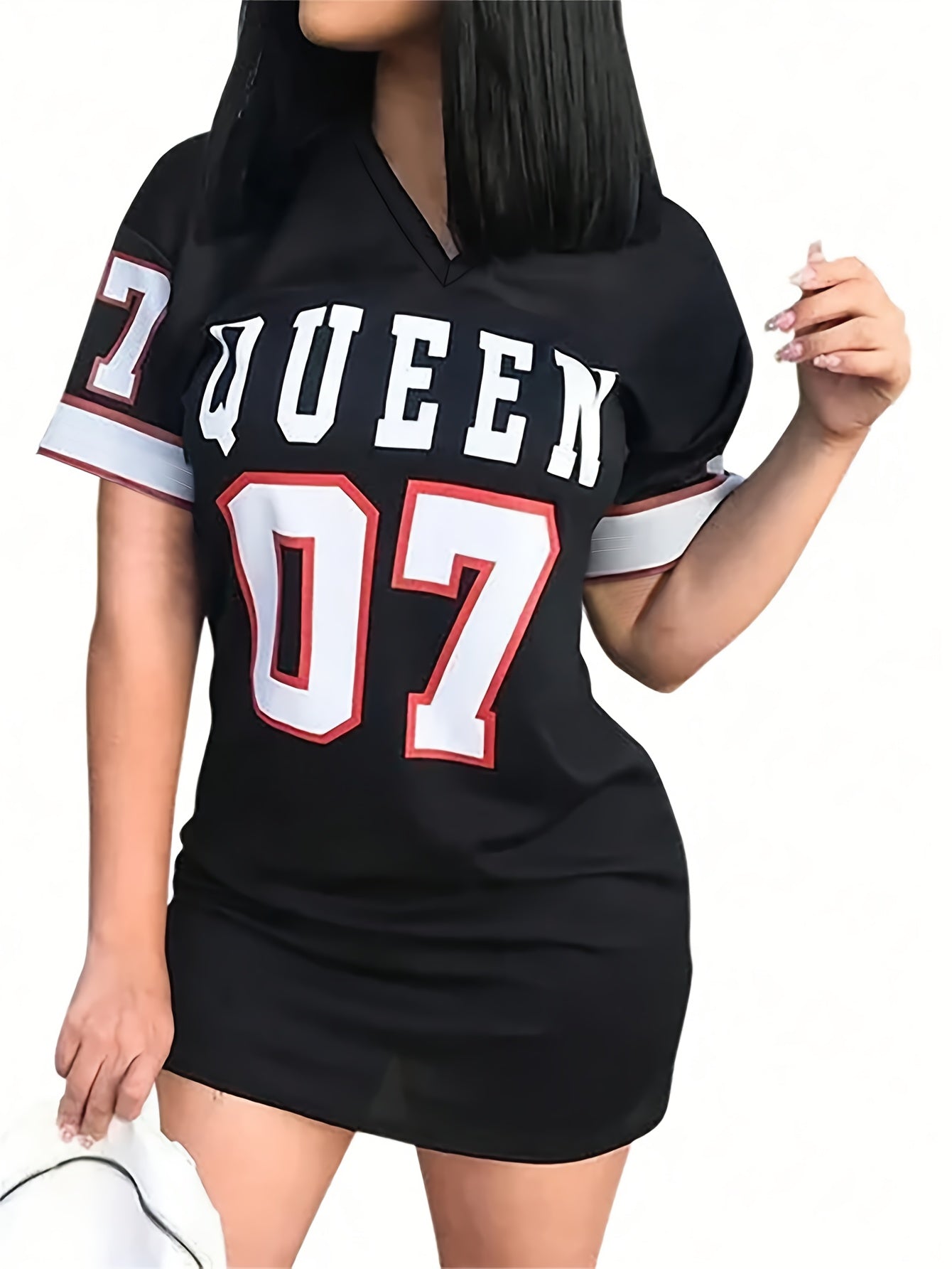 Women's Elegant V-Neck Short Sleeve Letter Print Midi Dress - Stretchy Polyester Blend, Black with "QUEEN 07" Design, Form-Fitting Mid-Length Dress for All Seasons